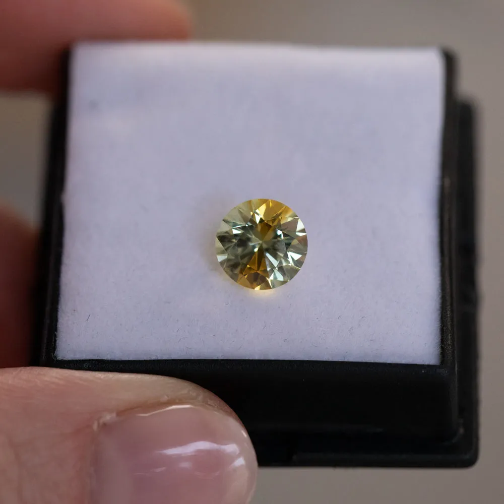 1.96CT ROUND BRILLIANT PRECISION CUT MONTANA SAPPHIRE, BICOLOR YELLOW ORANGE WHITE, 7.5MM