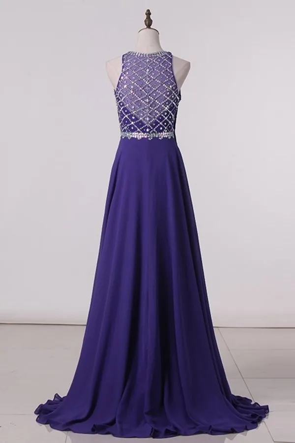 2024 Prom Dresses A Line Scoop Beaded Bodice Chiffon PP48ZE1L