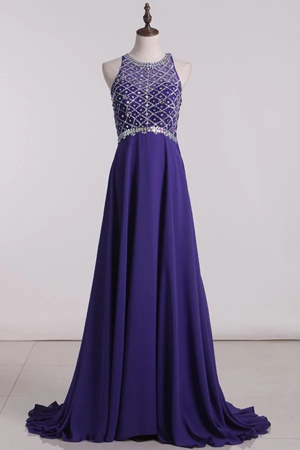 2024 Prom Dresses A Line Scoop Beaded Bodice Chiffon PP48ZE1L