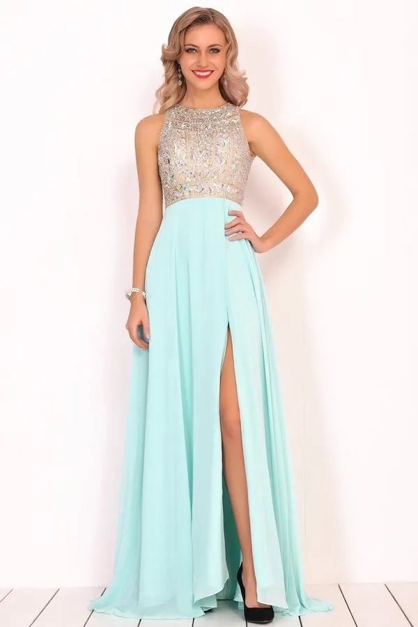 2024 Prom Dresses Scoop Chiffon With Beads And Slit A Line P11YR944