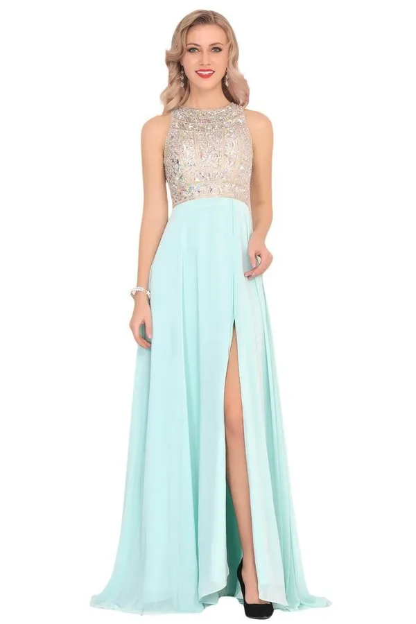 2024 Prom Dresses Scoop Chiffon With Beads And Slit A Line P11YR944