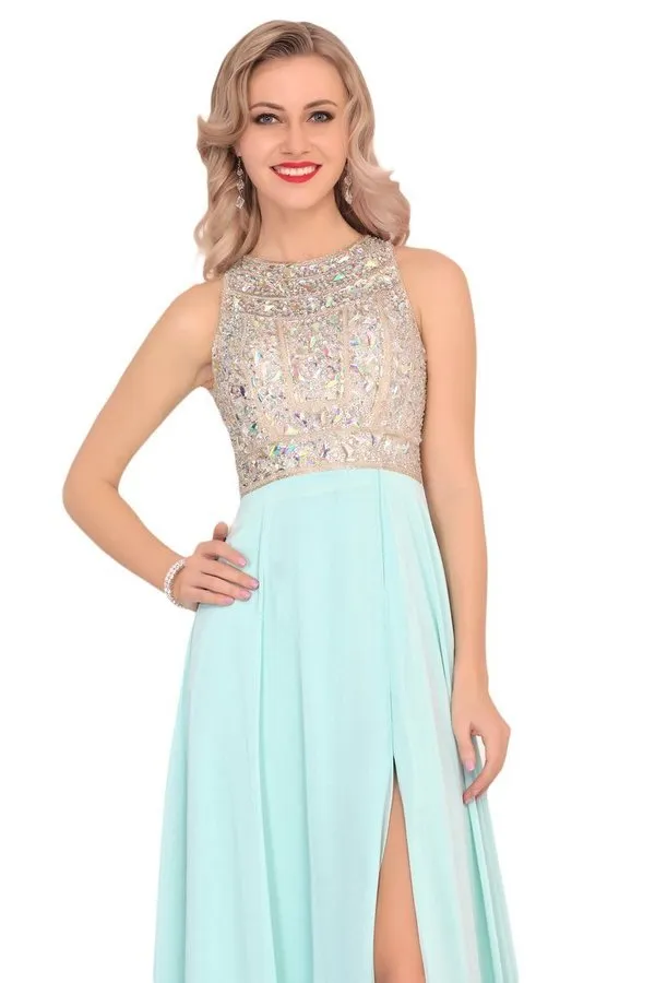 2024 Prom Dresses Scoop Chiffon With Beads And Slit A Line P11YR944