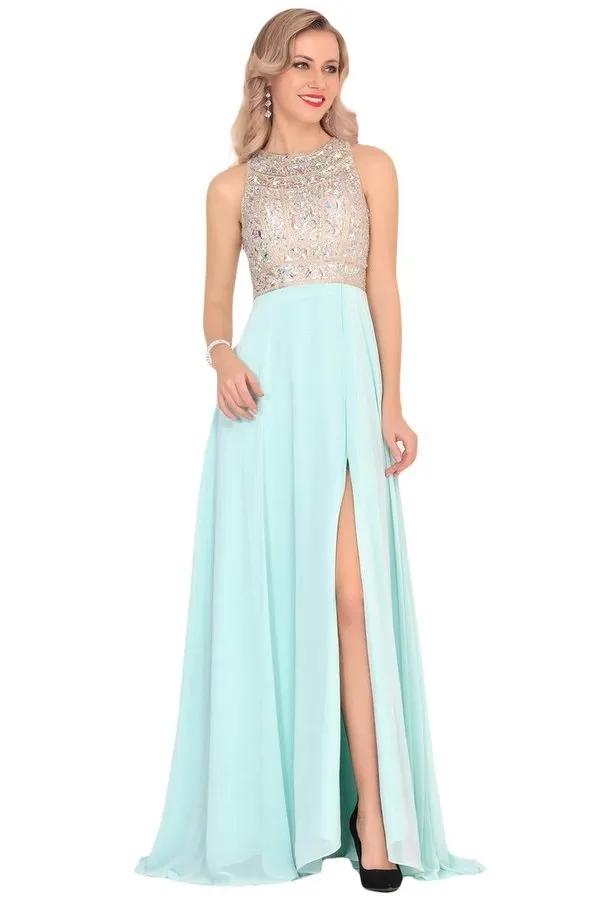 2024 Prom Dresses Scoop Chiffon With Beads And Slit A Line P11YR944