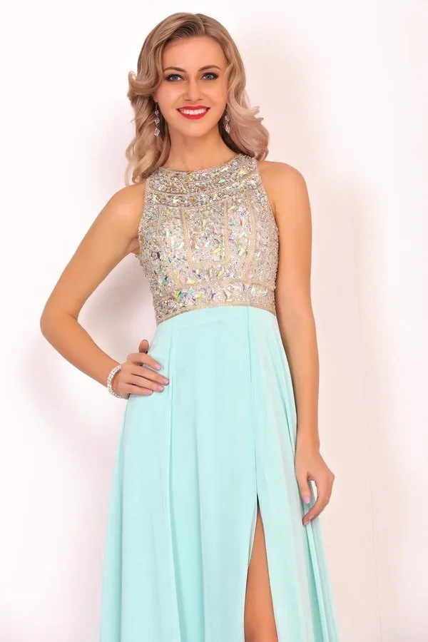 2024 Prom Dresses Scoop Chiffon With Beads And Slit A Line P11YR944