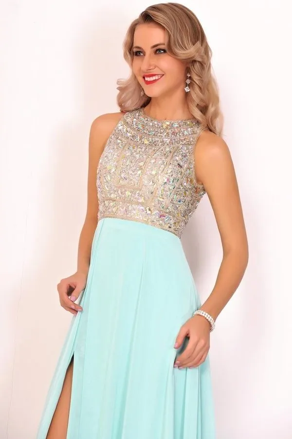 2024 Prom Dresses Scoop Chiffon With Beads And Slit A Line P11YR944