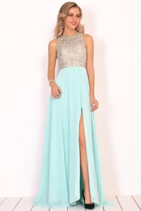 2024 Prom Dresses Scoop Chiffon With Beads And Slit A Line P11YR944