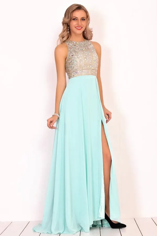 2024 Prom Dresses Scoop Chiffon With Beads And Slit A Line P11YR944