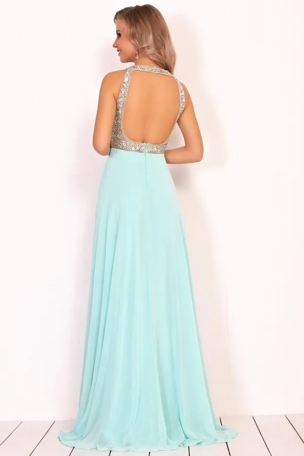 2024 Prom Dresses Scoop Chiffon With Beads And Slit A Line P11YR944