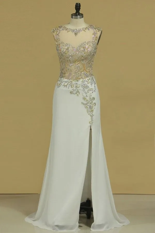 2024 Sexy Open Back Bateau Chiffon With Slit And Beading Prom Dresses P5BCRXT1