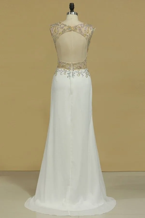 2024 Sexy Open Back Bateau Chiffon With Slit And Beading Prom Dresses P5BCRXT1