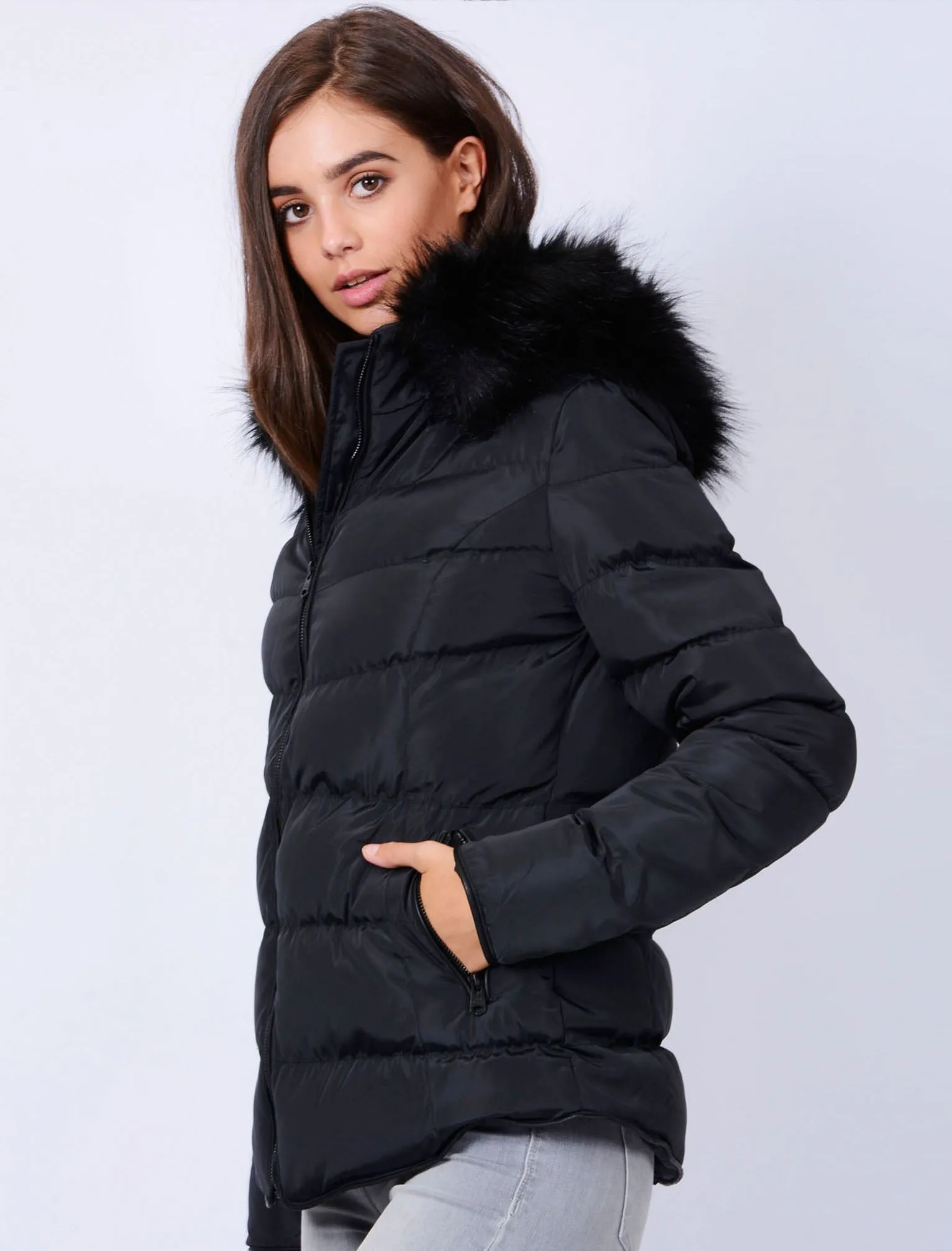 Adley Quilted Jacket with Detachable Fur Trim in Black - Tokyo Laundry