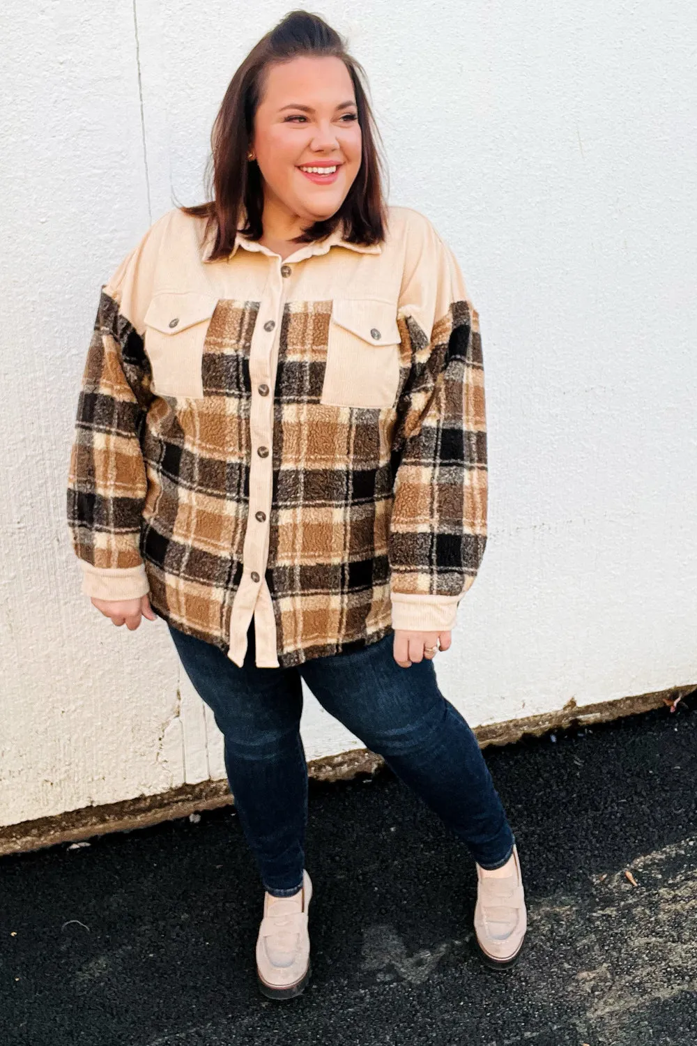 Adorable Taupe Corduroy & Plaid Sherpa Button Jacket