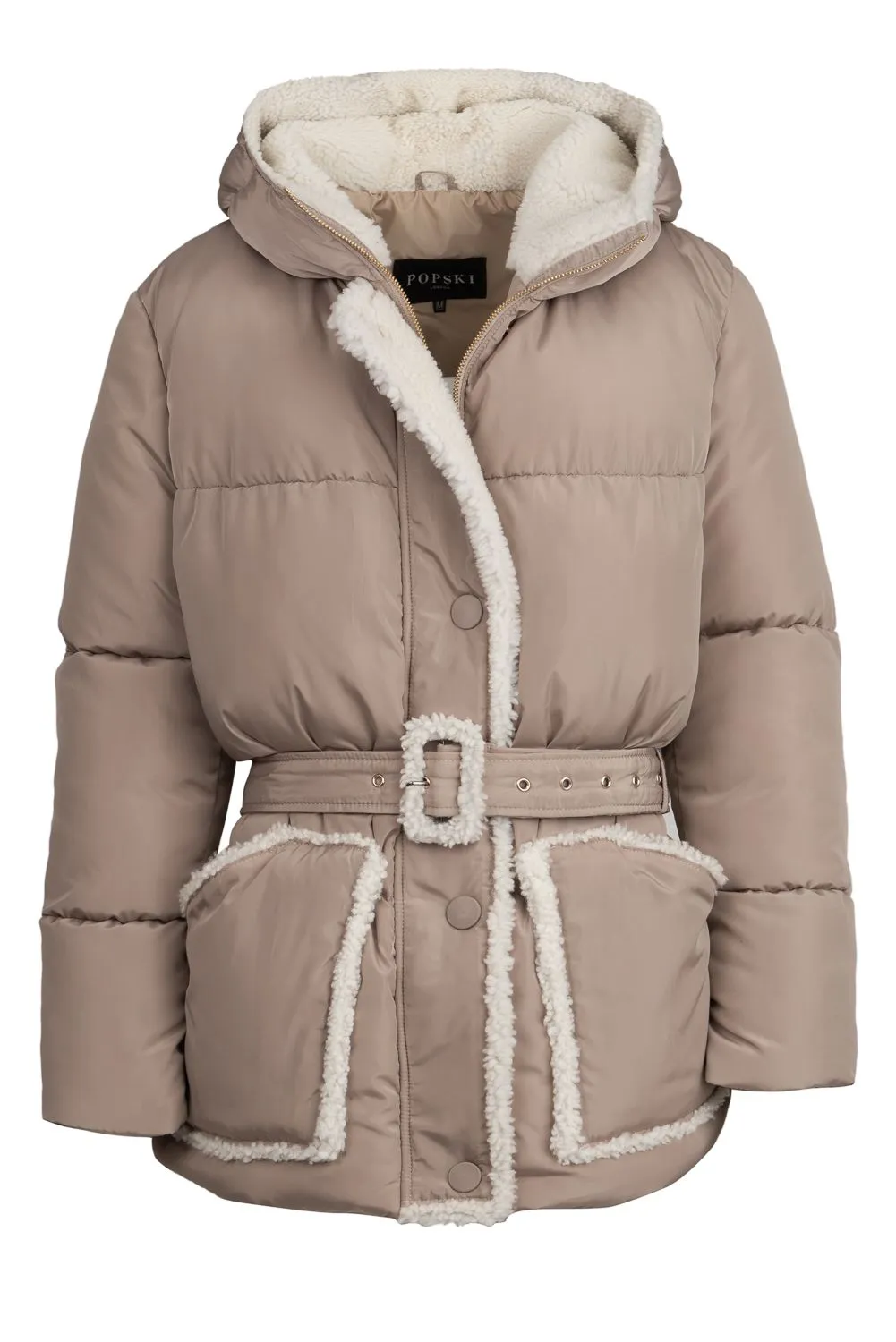 Beige Popski Puffer with shearling detail