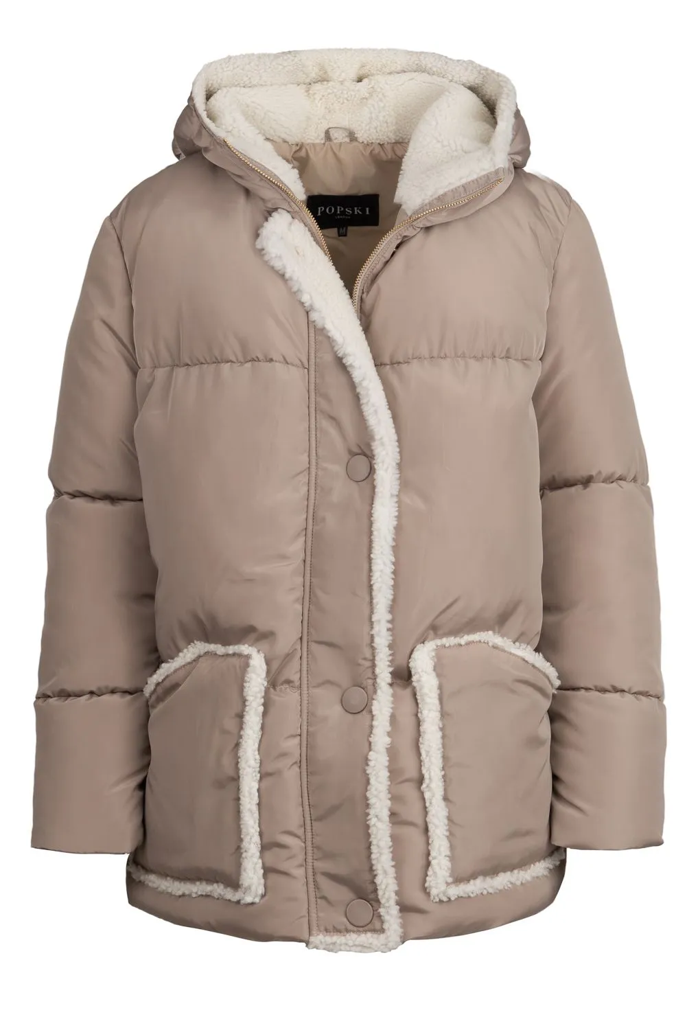 Beige Popski Puffer with shearling detail