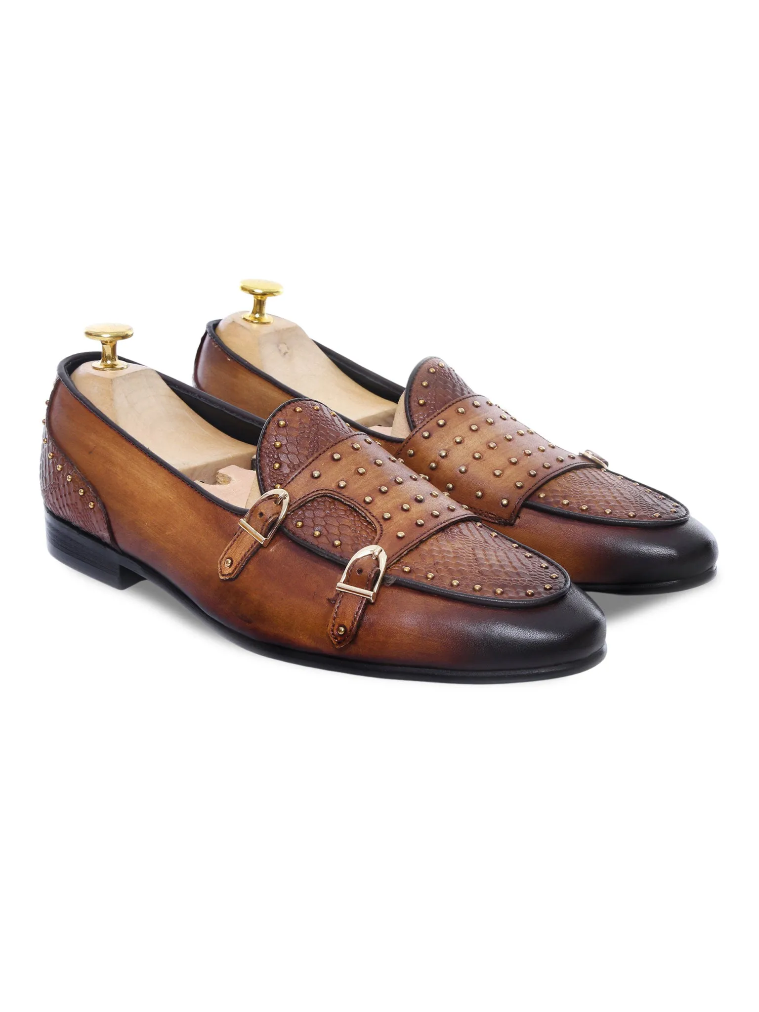 Belgian Loafer - Cognac Tan Snake Skin Double Monk Strap with Studded (Hand Painted Patina)