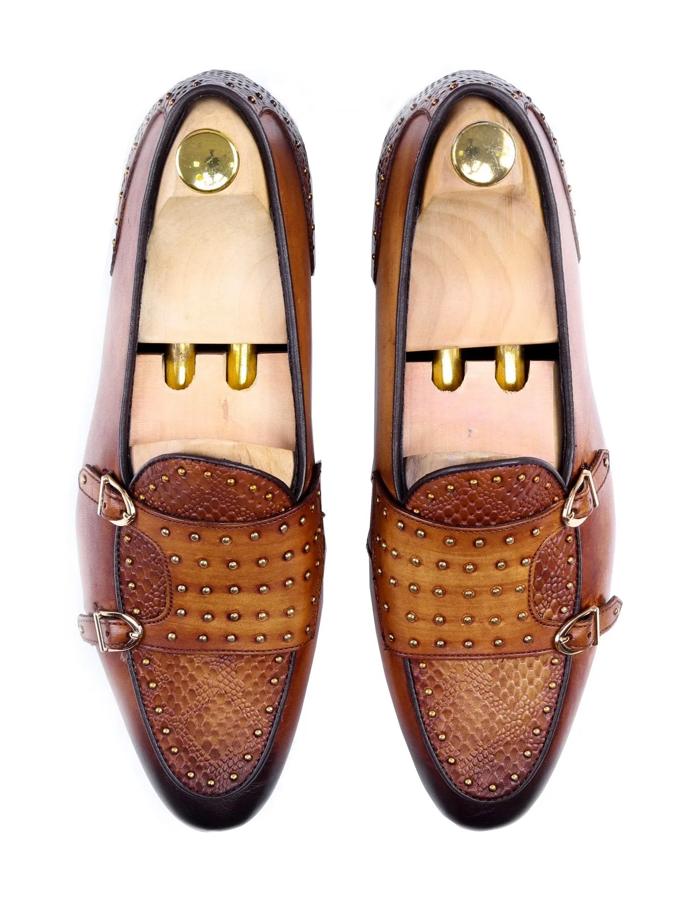 Belgian Loafer - Cognac Tan Snake Skin Double Monk Strap with Studded (Hand Painted Patina)