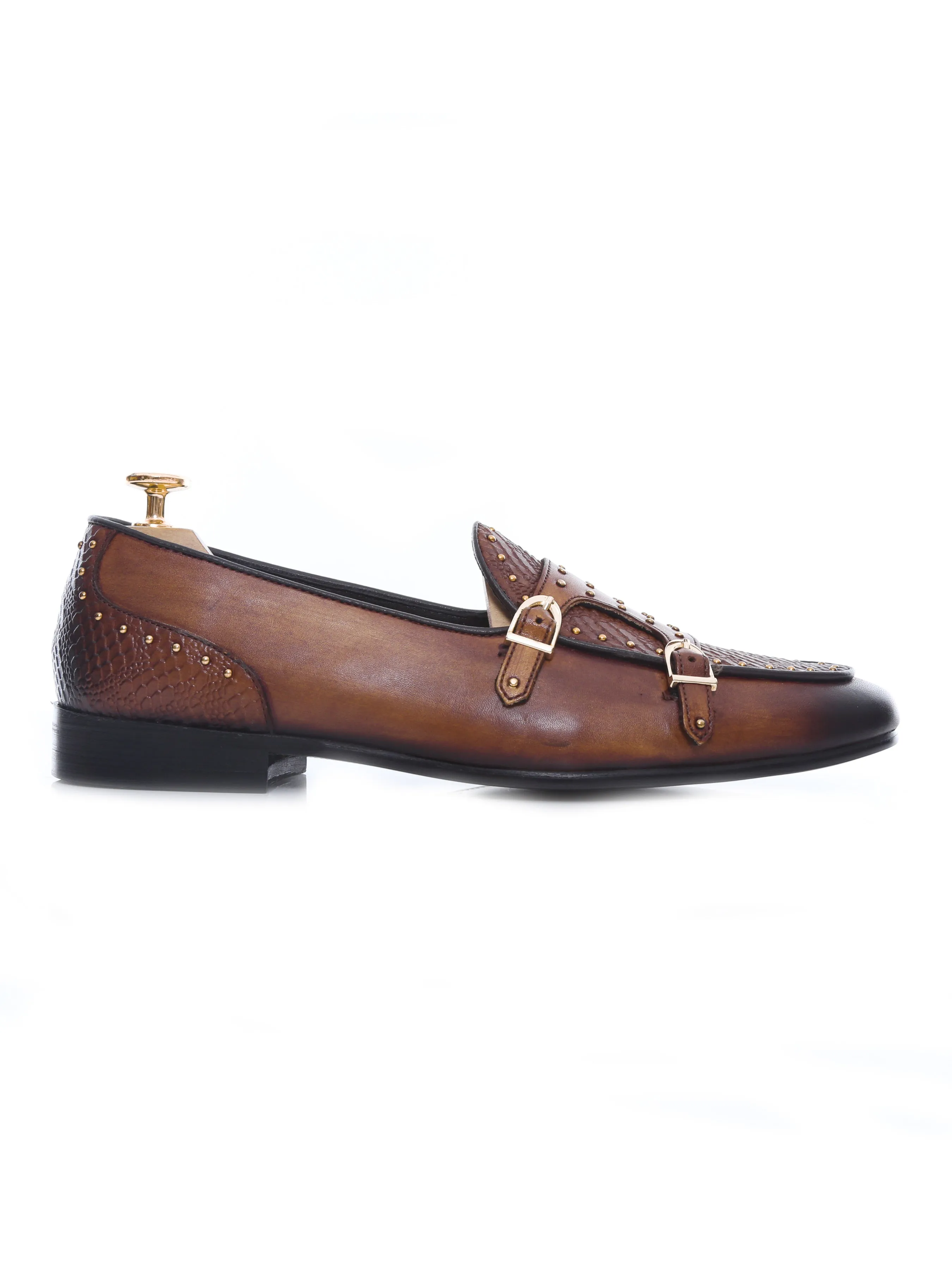 Belgian Loafer - Cognac Tan Snake Skin Double Monk Strap with Studded (Hand Painted Patina)