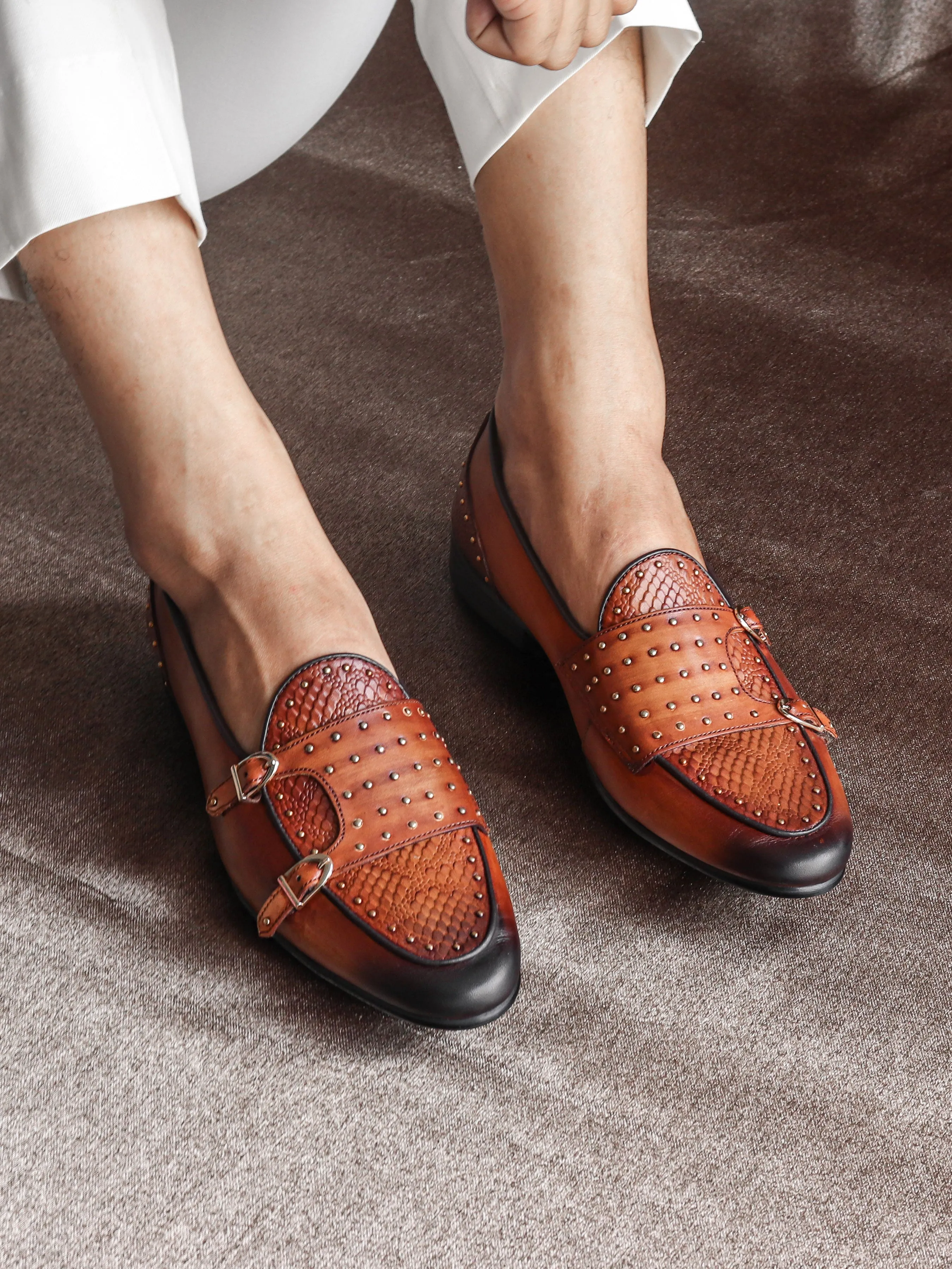 Belgian Loafer - Cognac Tan Snake Skin Double Monk Strap with Studded (Hand Painted Patina)