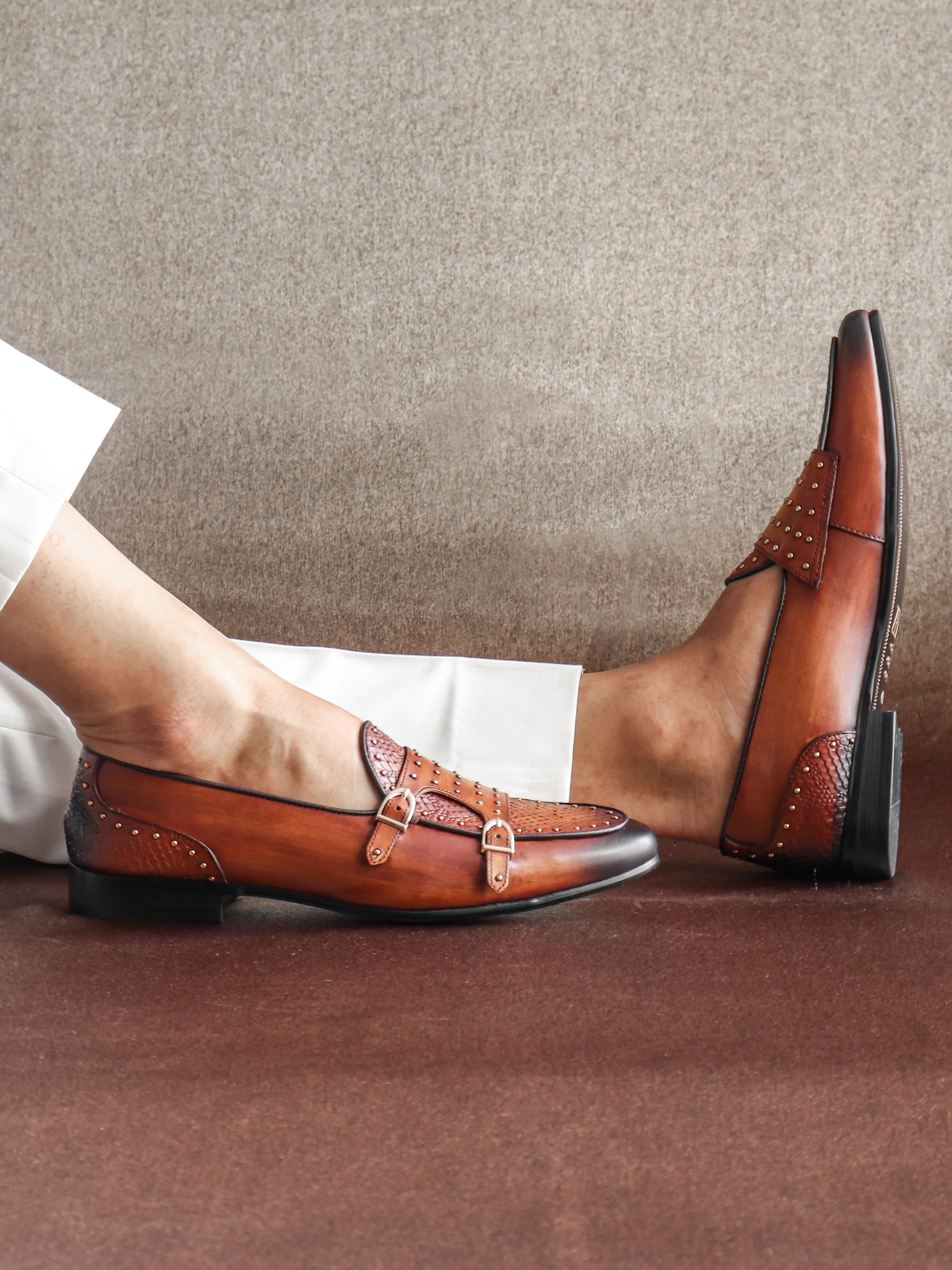 Belgian Loafer - Cognac Tan Snake Skin Double Monk Strap with Studded (Hand Painted Patina)