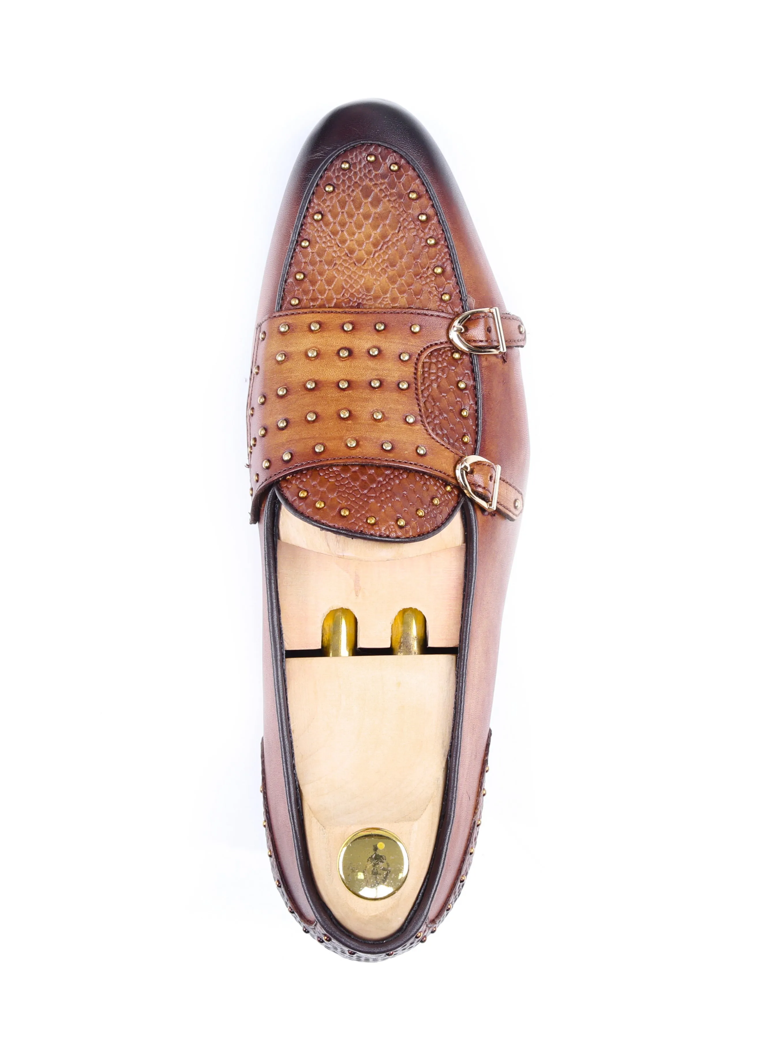 Belgian Loafer - Cognac Tan Snake Skin Double Monk Strap with Studded (Hand Painted Patina)