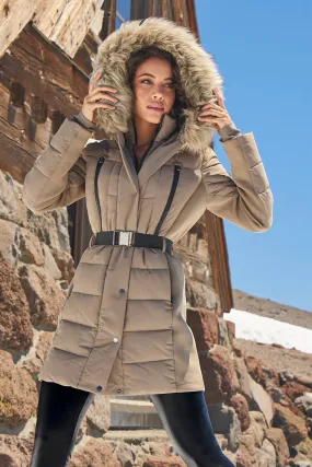 Belted Faux Fur Trim Puffer Jacket Taupe