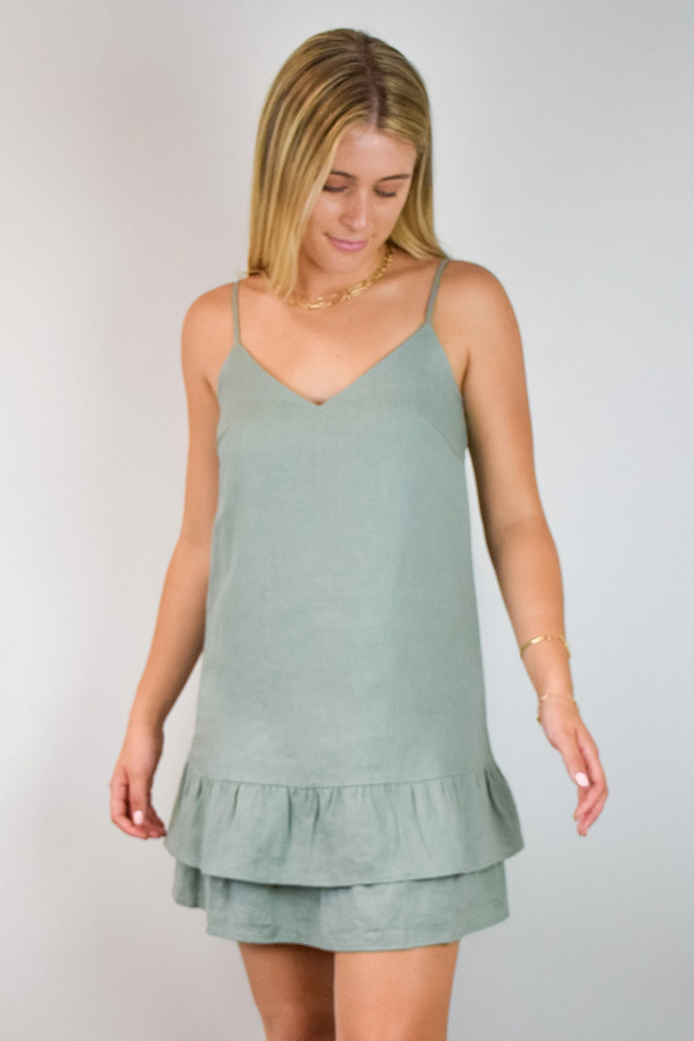 Bold Strappy Moss Ruffle Hem Linen Mini Dress