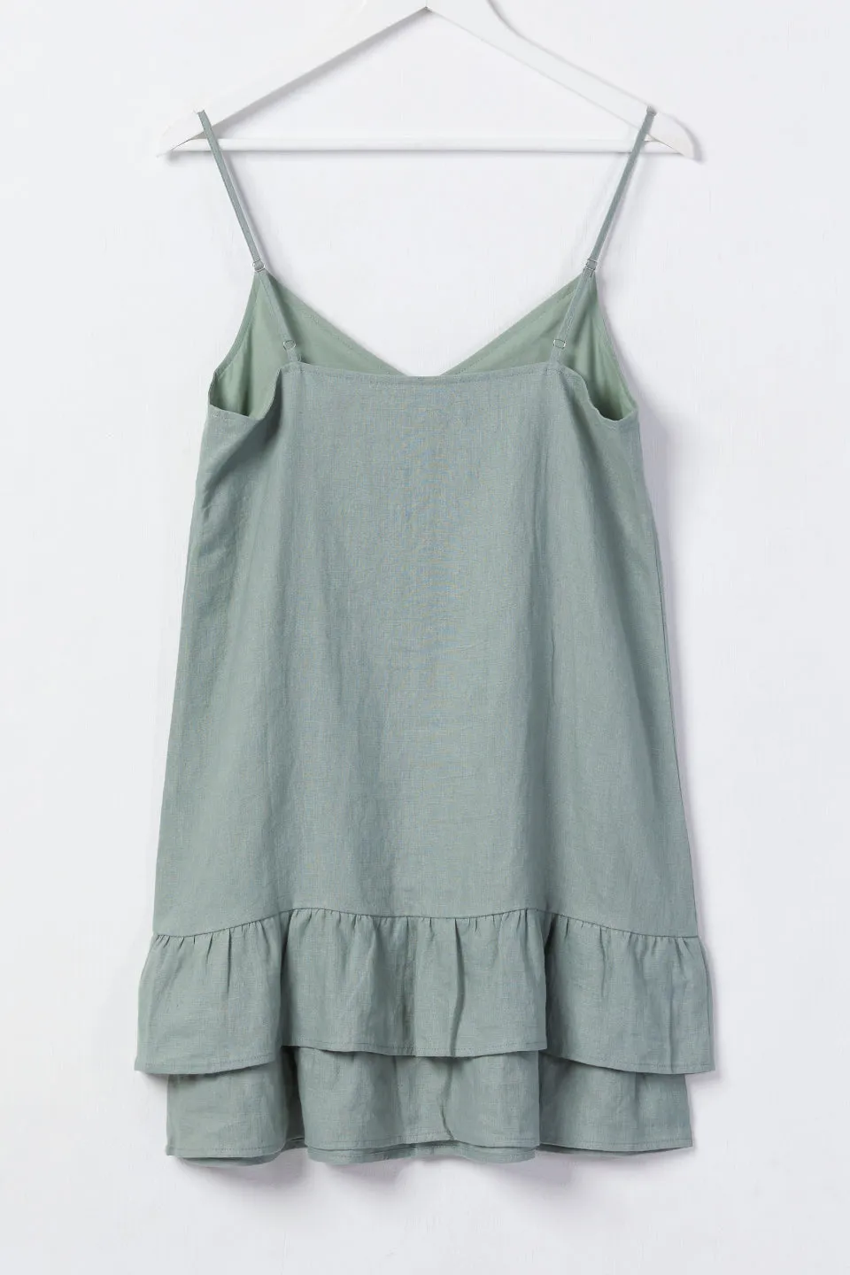 Bold Strappy Moss Ruffle Hem Linen Mini Dress