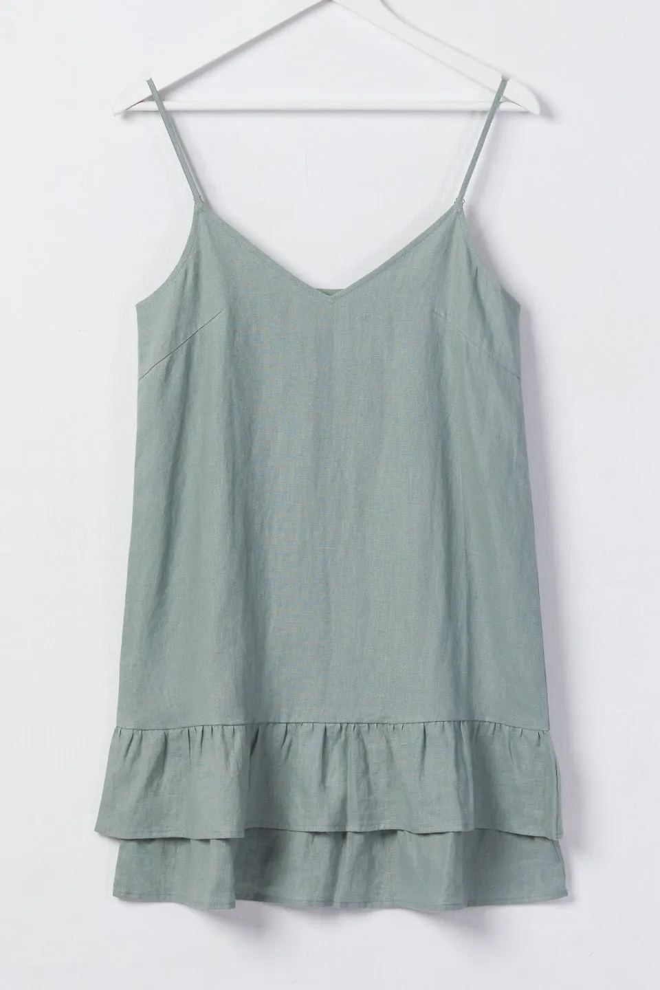 Bold Strappy Moss Ruffle Hem Linen Mini Dress