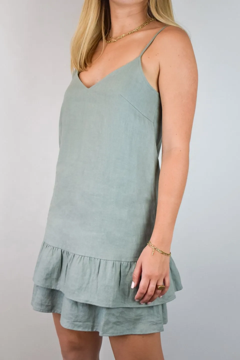 Bold Strappy Moss Ruffle Hem Linen Mini Dress