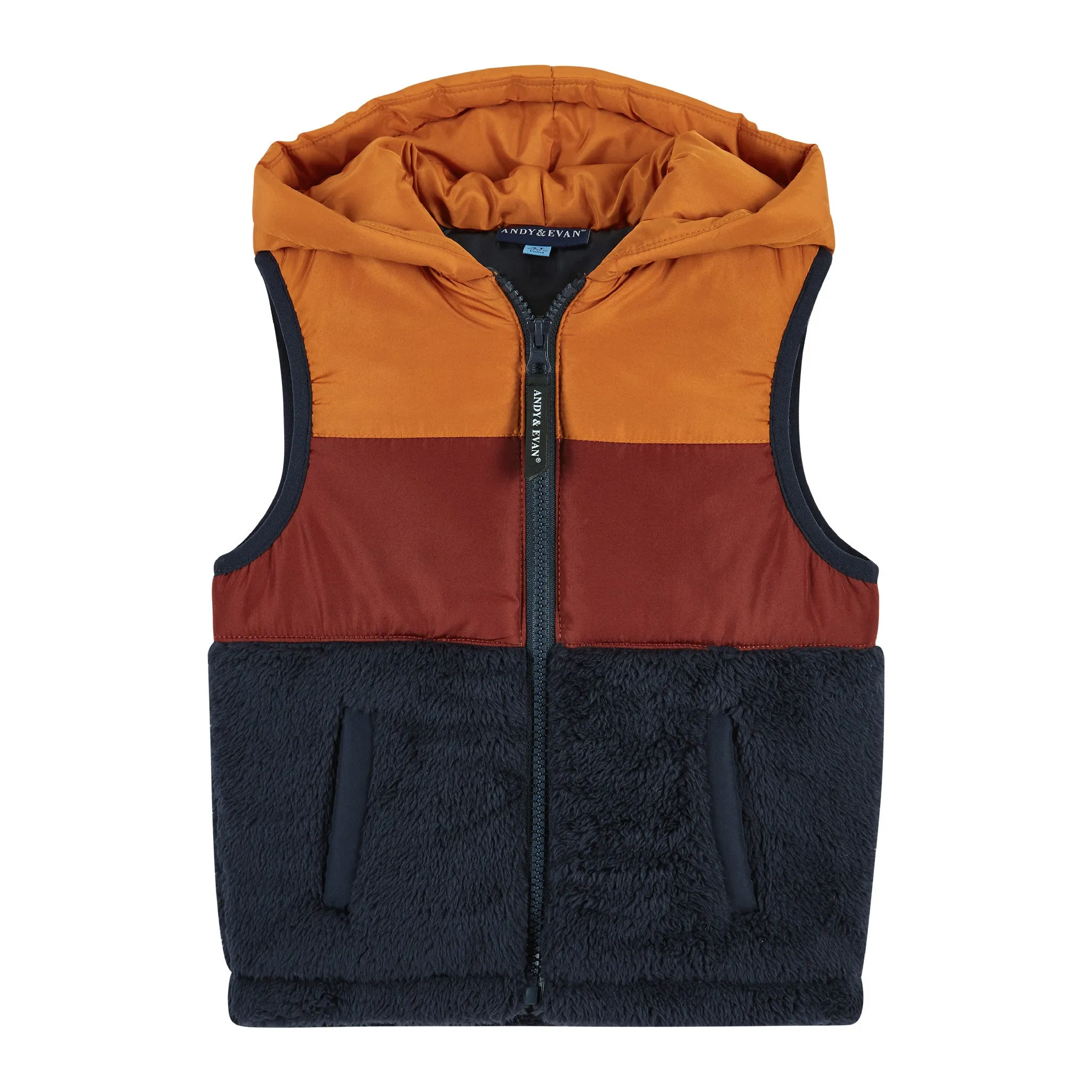 Burnt Orange & Navy Colorblocked Sherpa Puffer Vest  | Orange