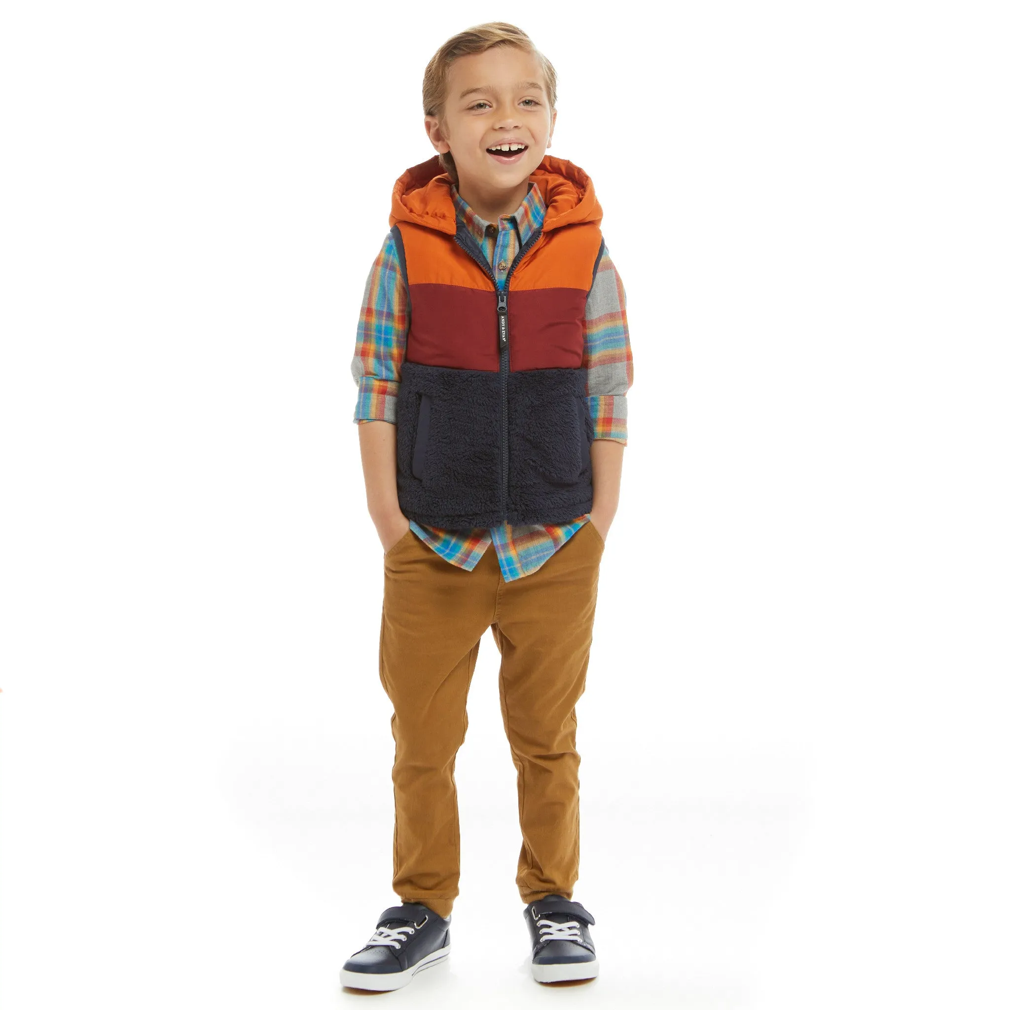 Burnt Orange & Navy Colorblocked Sherpa Puffer Vest  | Orange