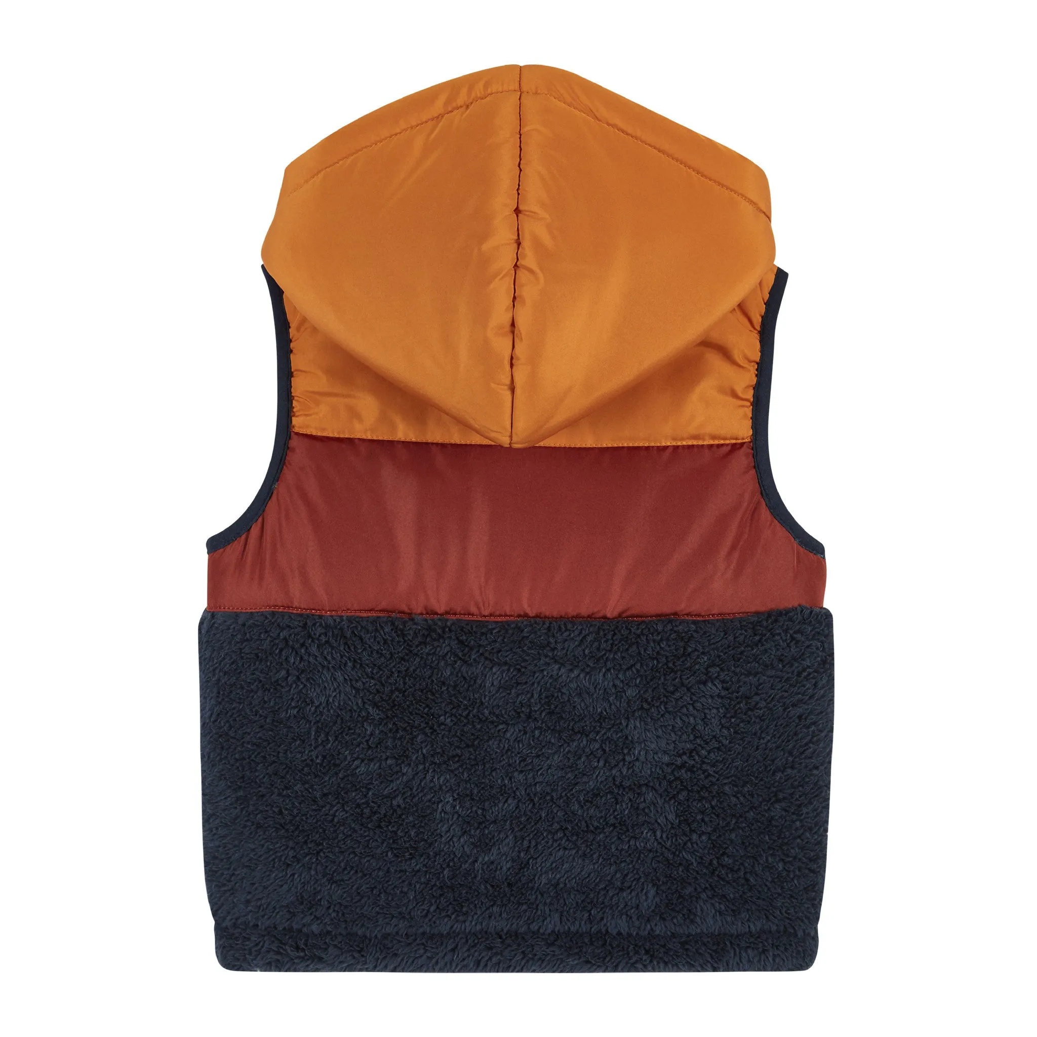 Burnt Orange & Navy Colorblocked Sherpa Puffer Vest  | Orange