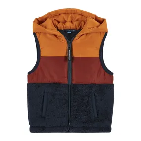 Burnt Orange & Navy Colorblocked Sherpa Puffer Vest  | Orange