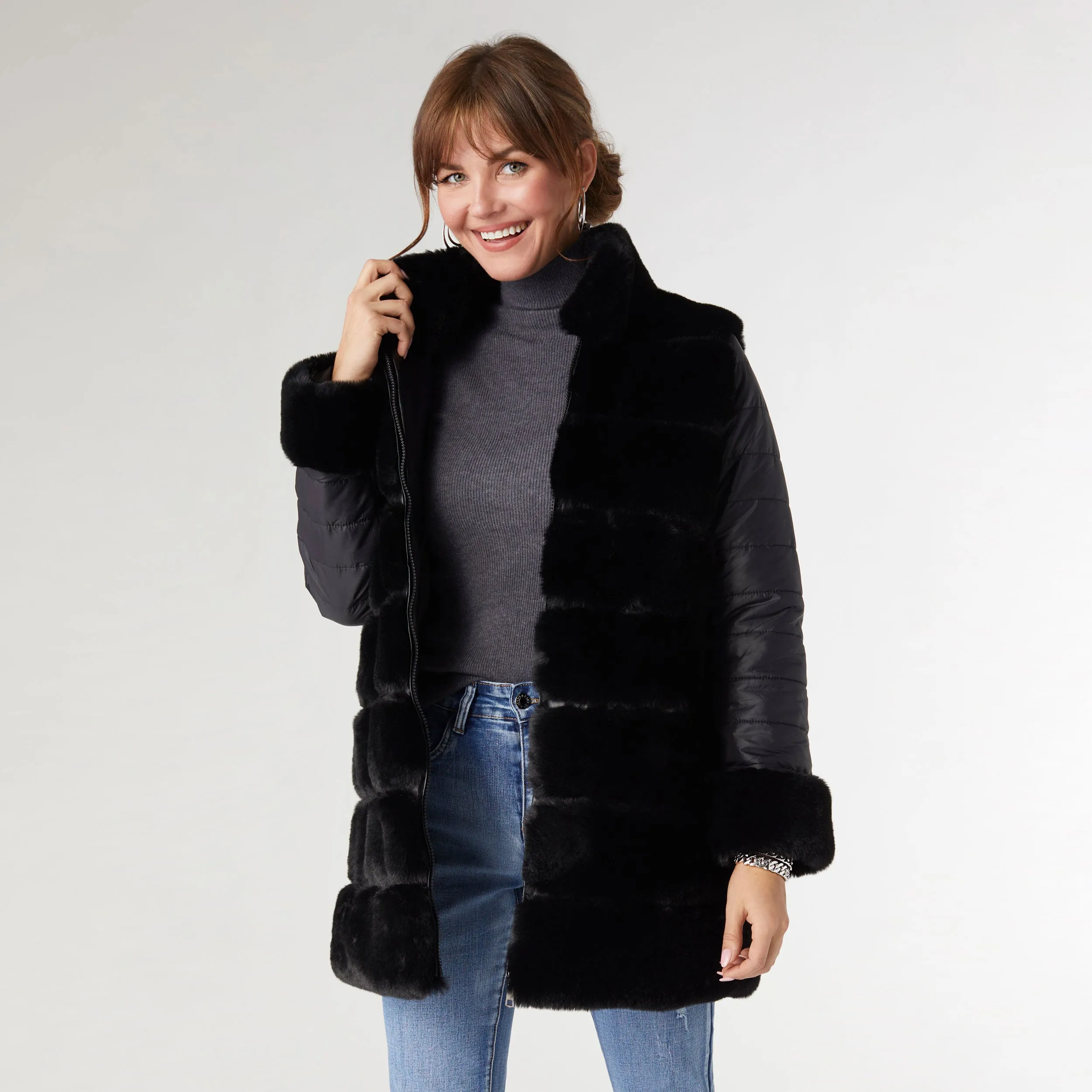 Cabrina Faux Fur Jacket with Puffer Sleeves - Black