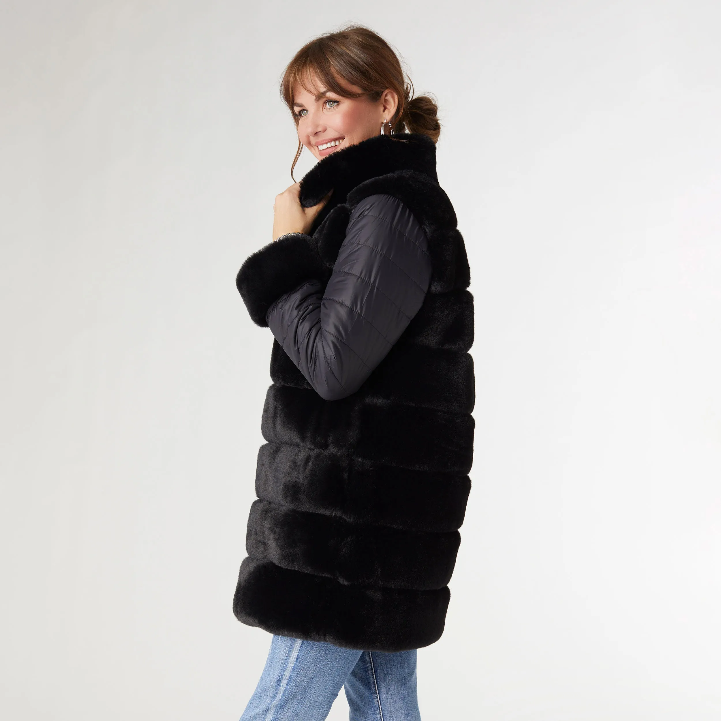 Cabrina Faux Fur Jacket with Puffer Sleeves - Black