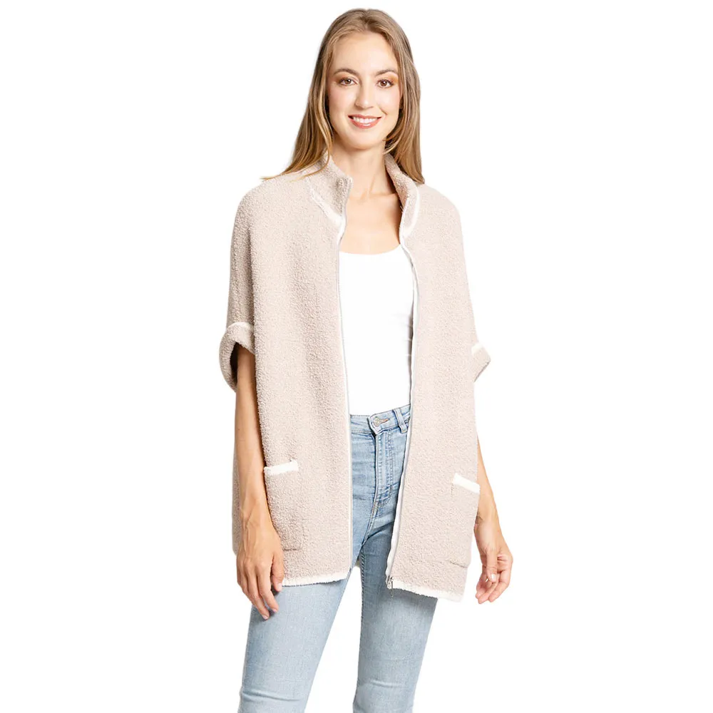 Colored Edge Front Pockets Zipper Cape Ruana Jacket