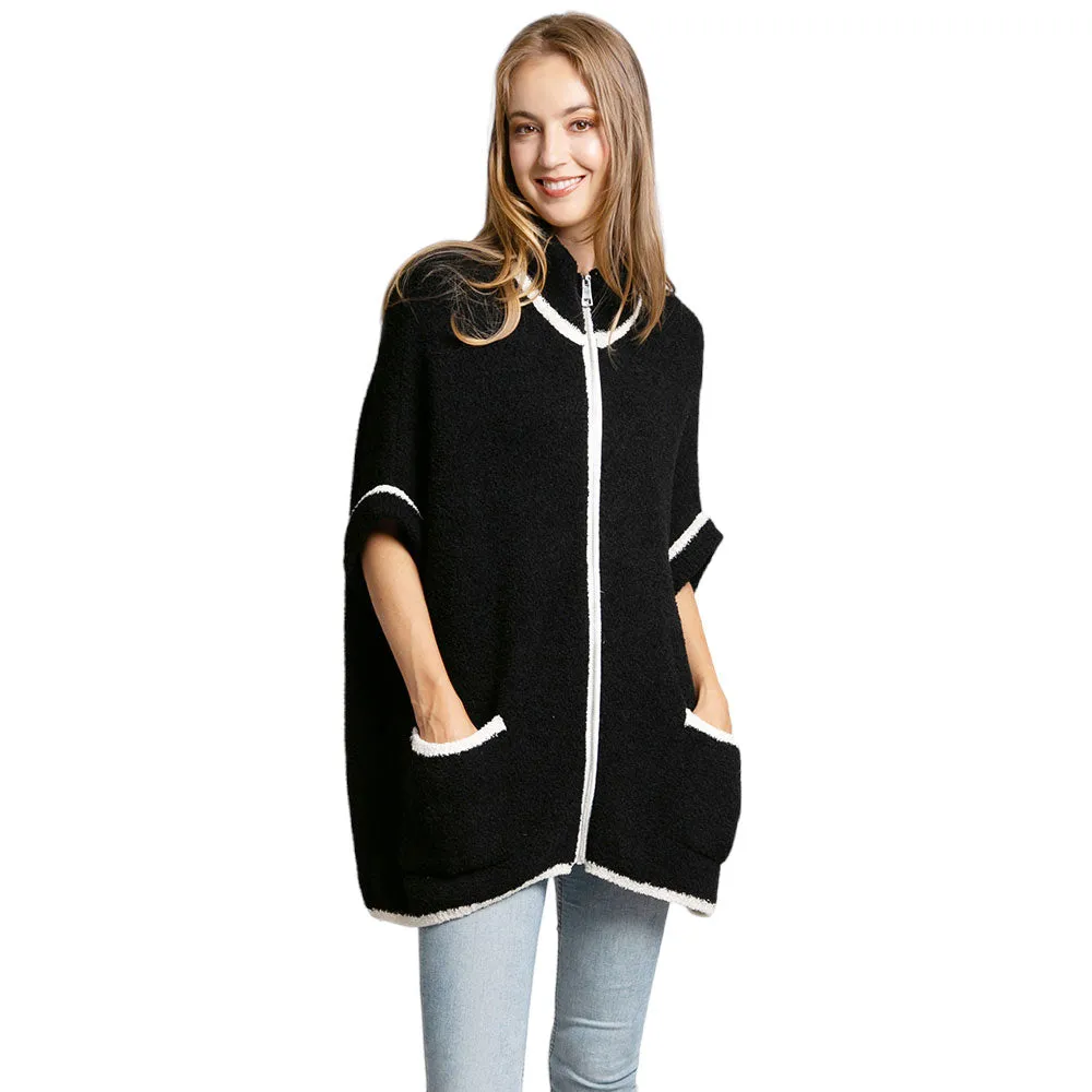 Colored Edge Front Pockets Zipper Cape Ruana Jacket