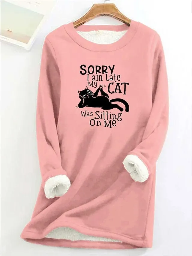 Cozy Cat Letter Sherpa Fleece Women's Sweatshirt