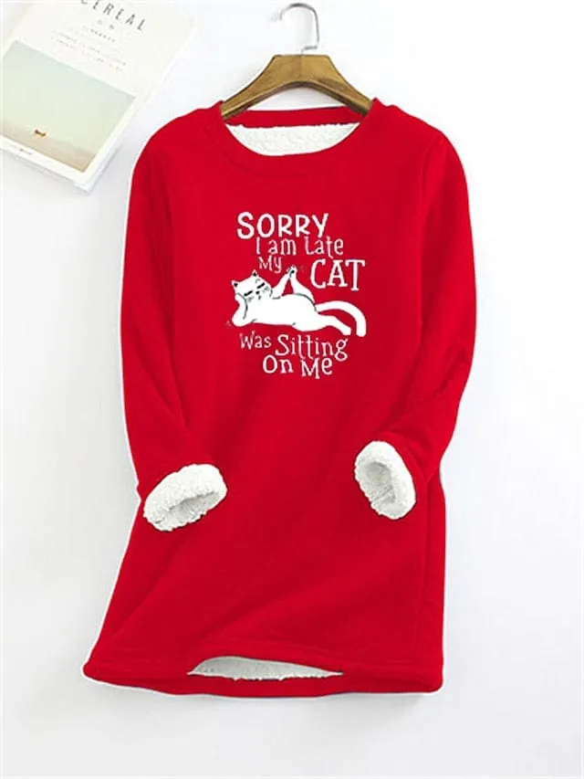 Cozy Cat Letter Sherpa Fleece Women's Sweatshirt