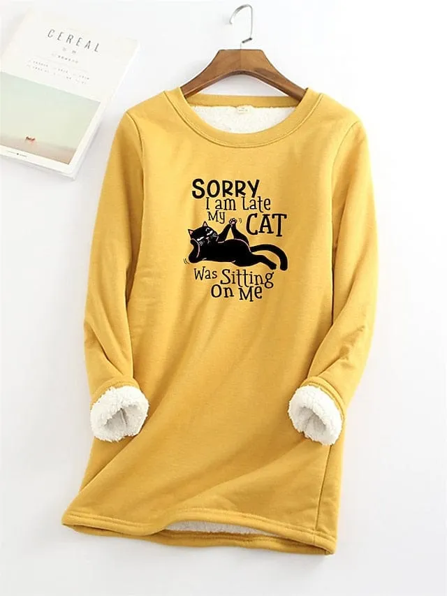 Cozy Cat Letter Sherpa Fleece Women's Sweatshirt