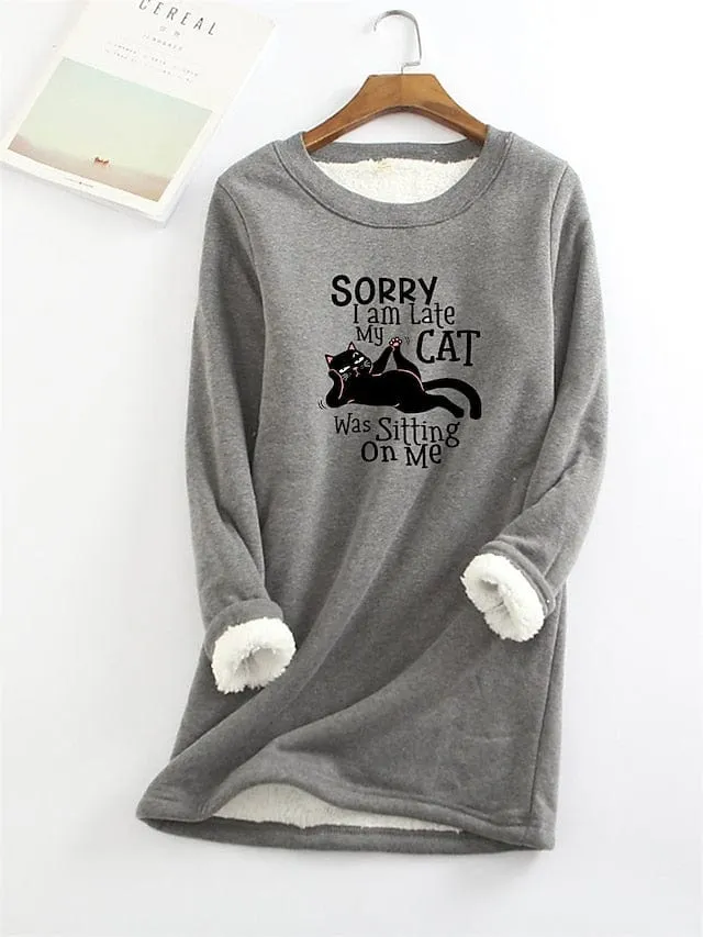 Cozy Cat Letter Sherpa Fleece Women's Sweatshirt