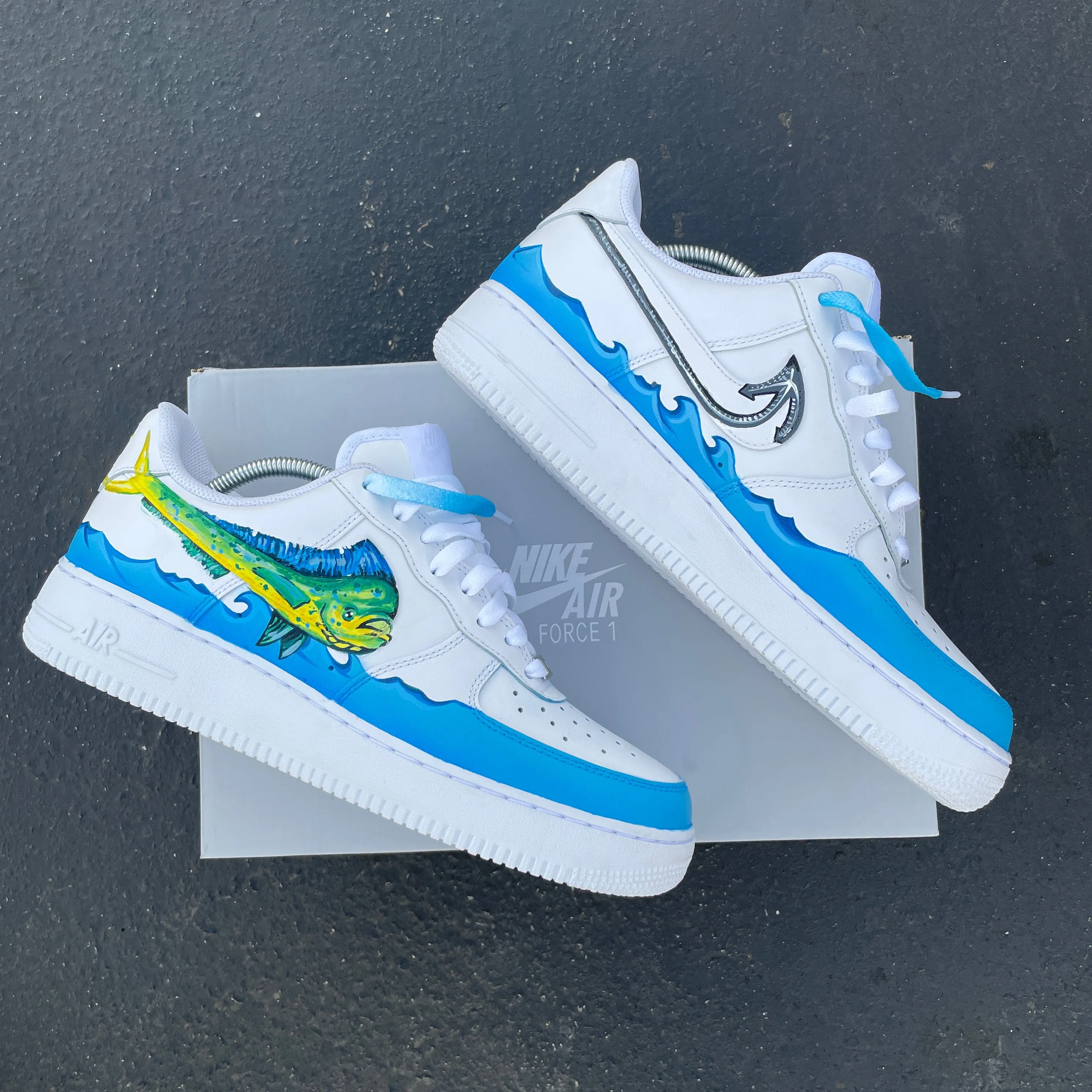 Custom Hand Painted White Mahi-mahi Fishing Themed Nike Air Force 1 Low