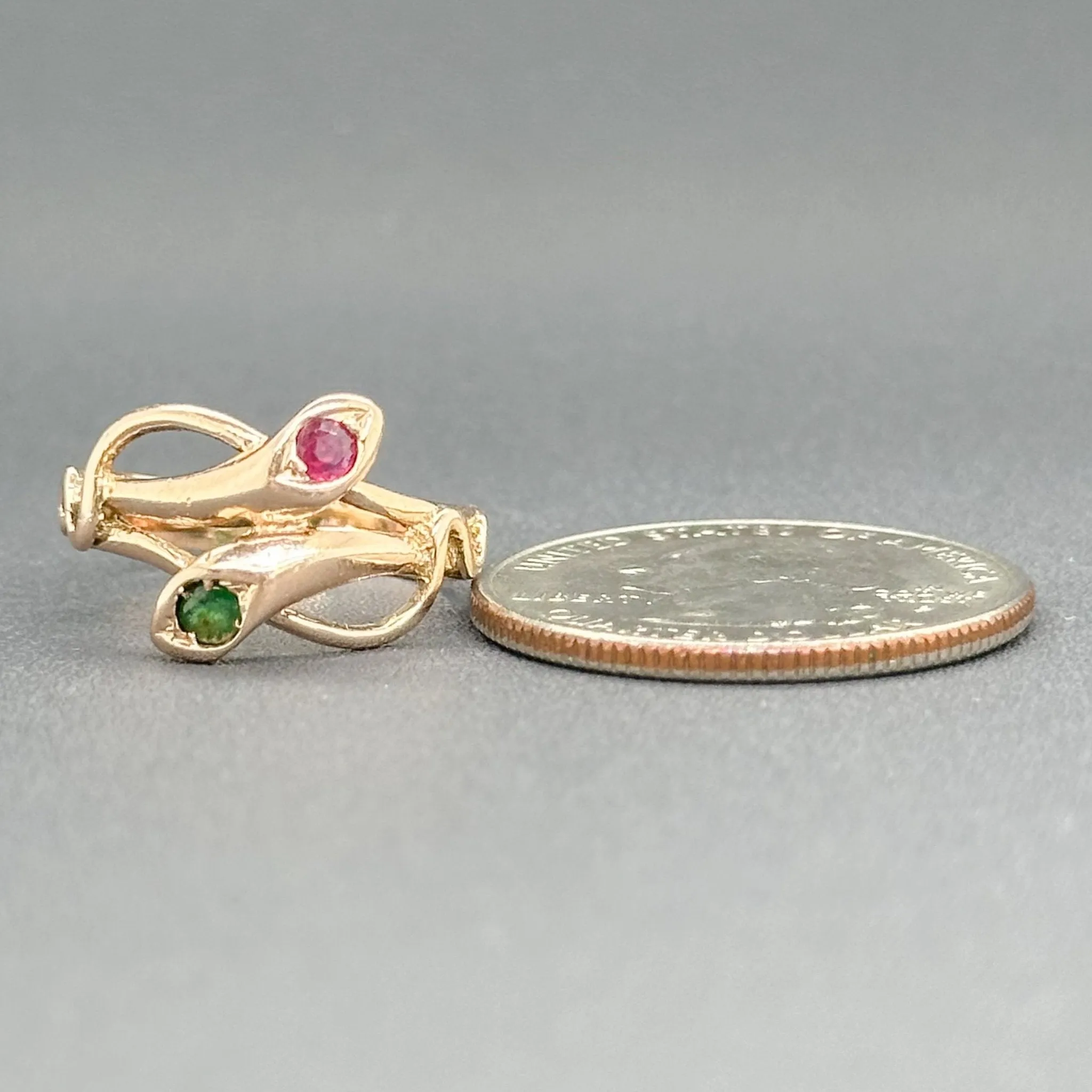 Estate Victorian 12K R Gold 0.12ctw Ruby & Emerald Two Snake Ring