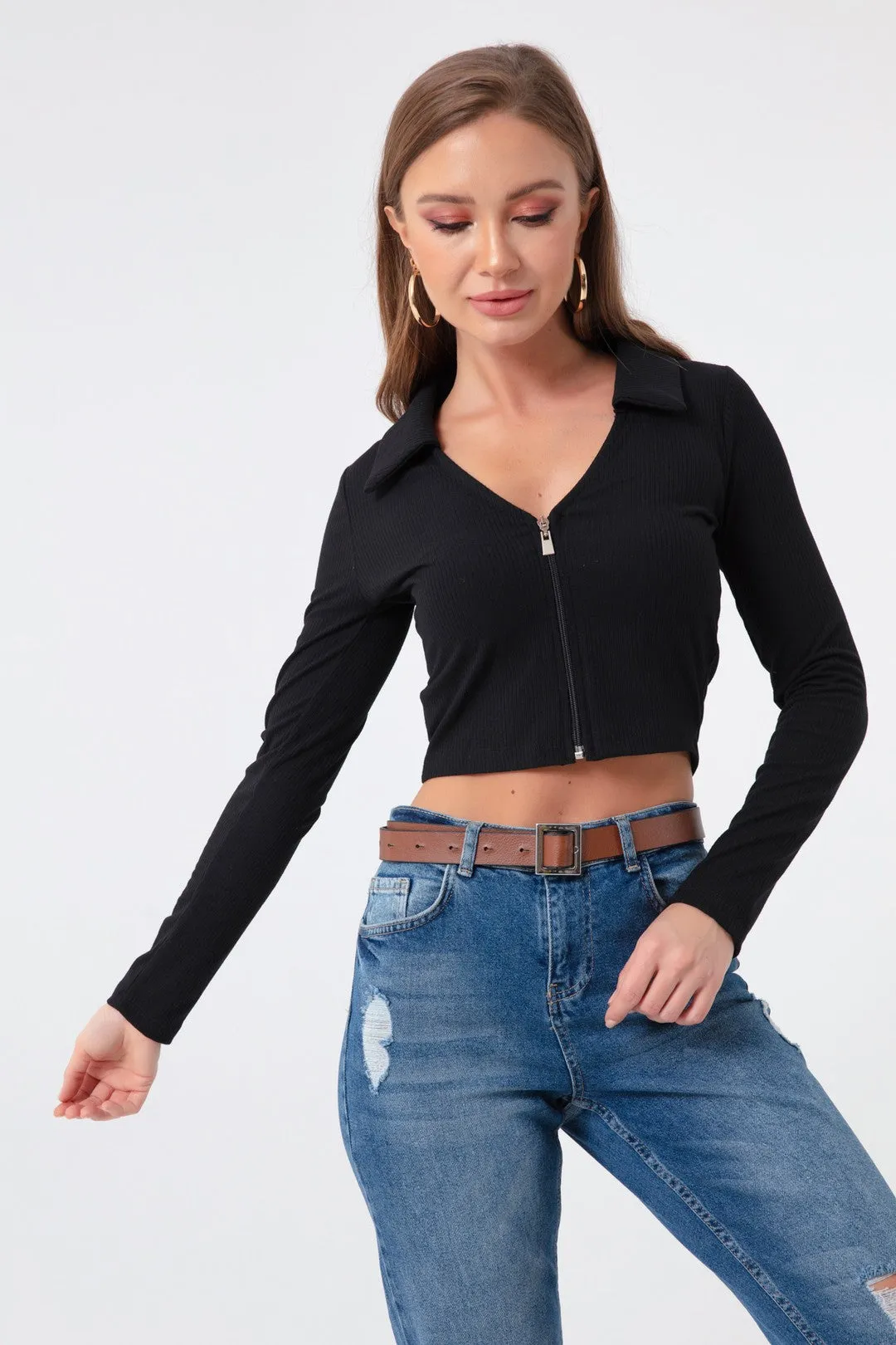 Female Zipper Detailed Knitting Blouse