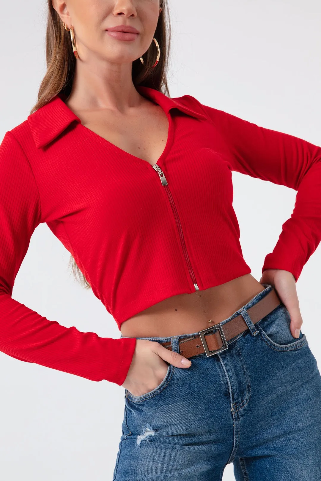 Female Zipper Detailed Knitting Blouse