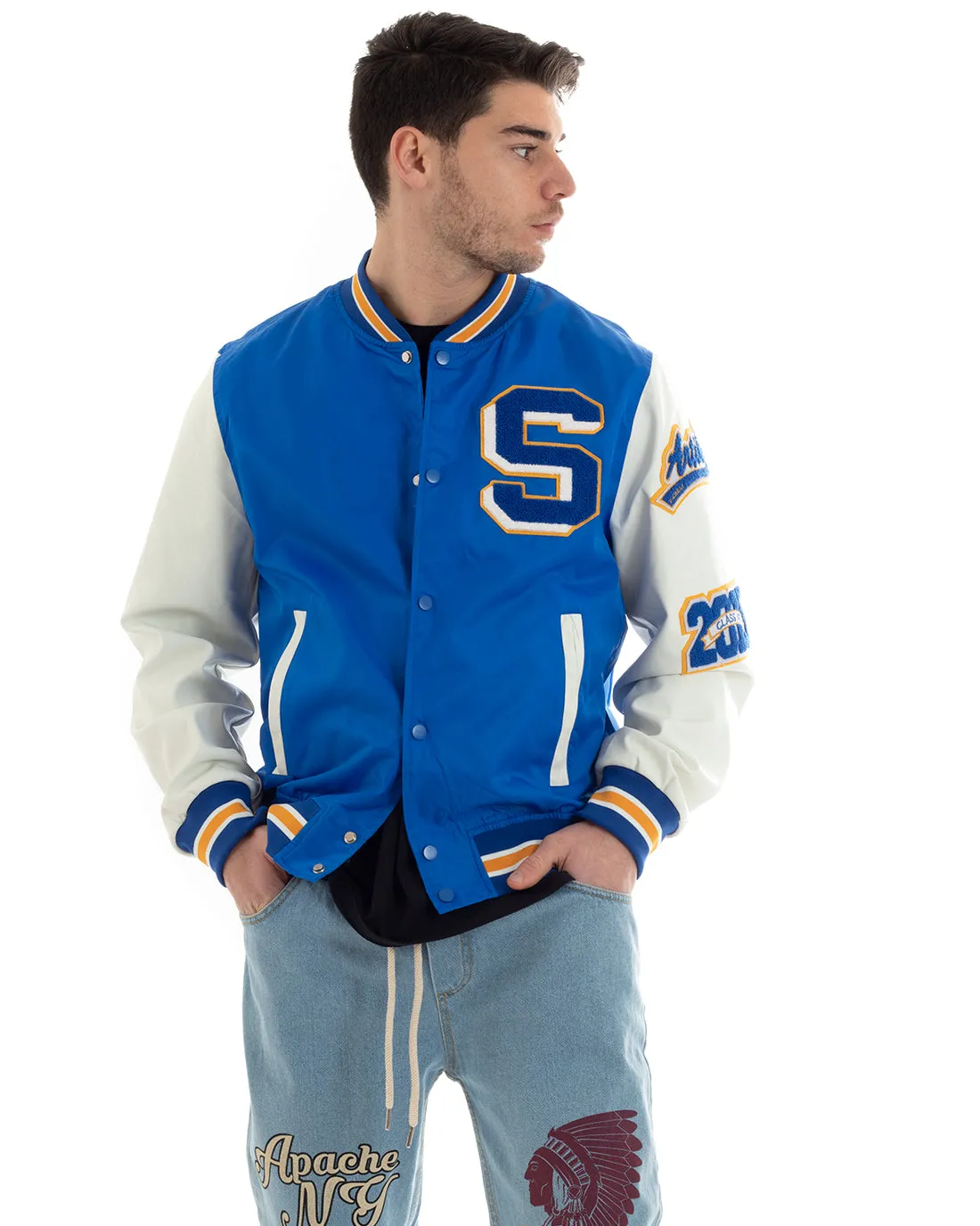 Giubbotto Uomo College Varsity Con Patch Tessuto Tecnico Blu Royal GIOSAL-G3028A