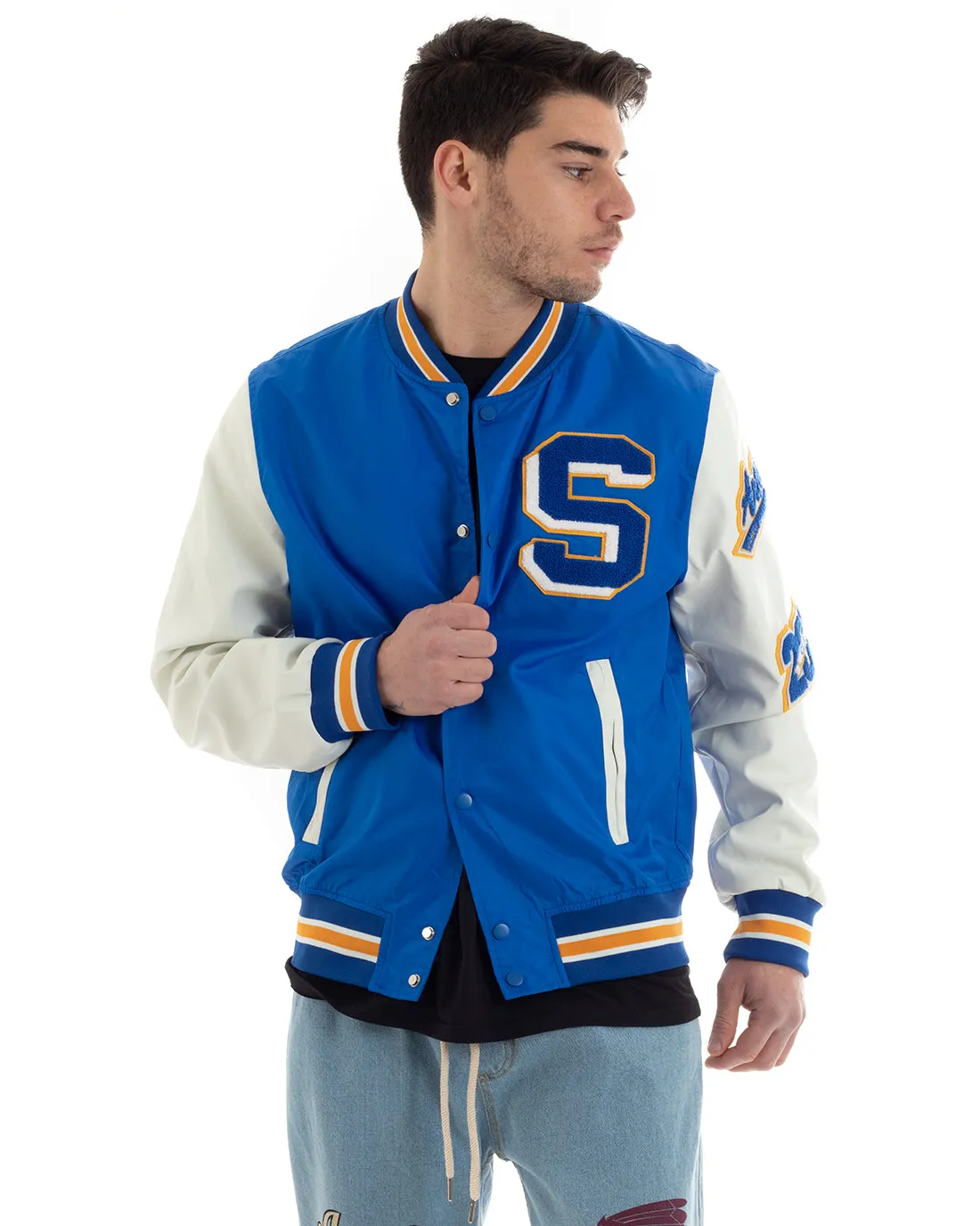 Giubbotto Uomo College Varsity Con Patch Tessuto Tecnico Blu Royal GIOSAL-G3028A