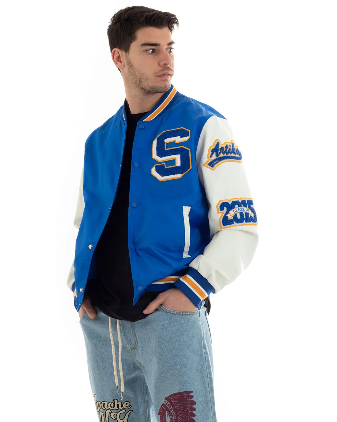 Giubbotto Uomo College Varsity Con Patch Tessuto Tecnico Blu Royal GIOSAL-G3028A