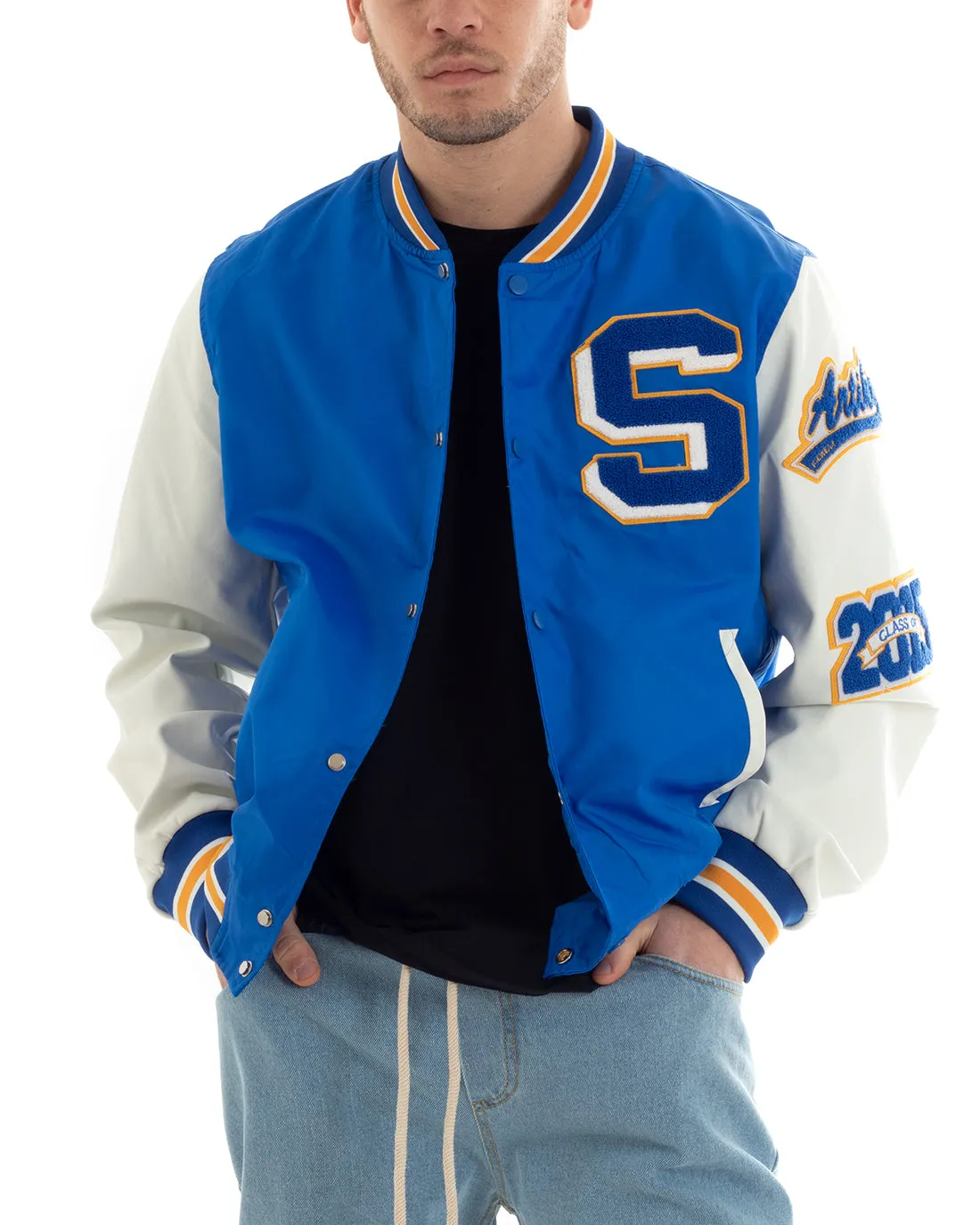 Giubbotto Uomo College Varsity Con Patch Tessuto Tecnico Blu Royal GIOSAL-G3028A