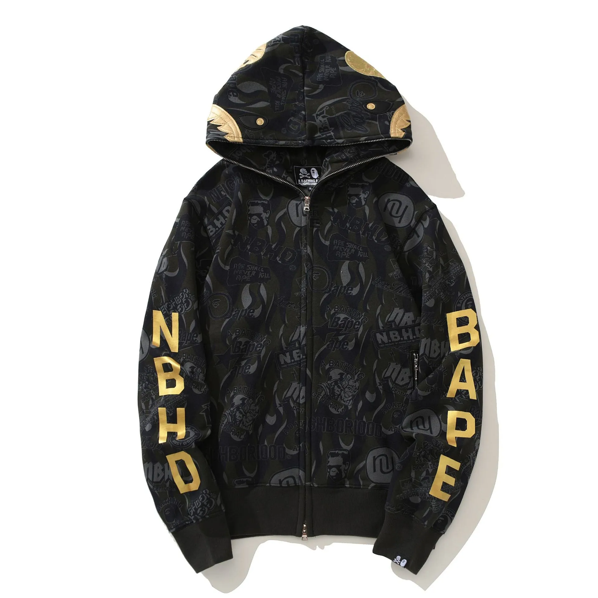 Golden Letters Ape Shark Camo Hoodie Full Zipper Jacket